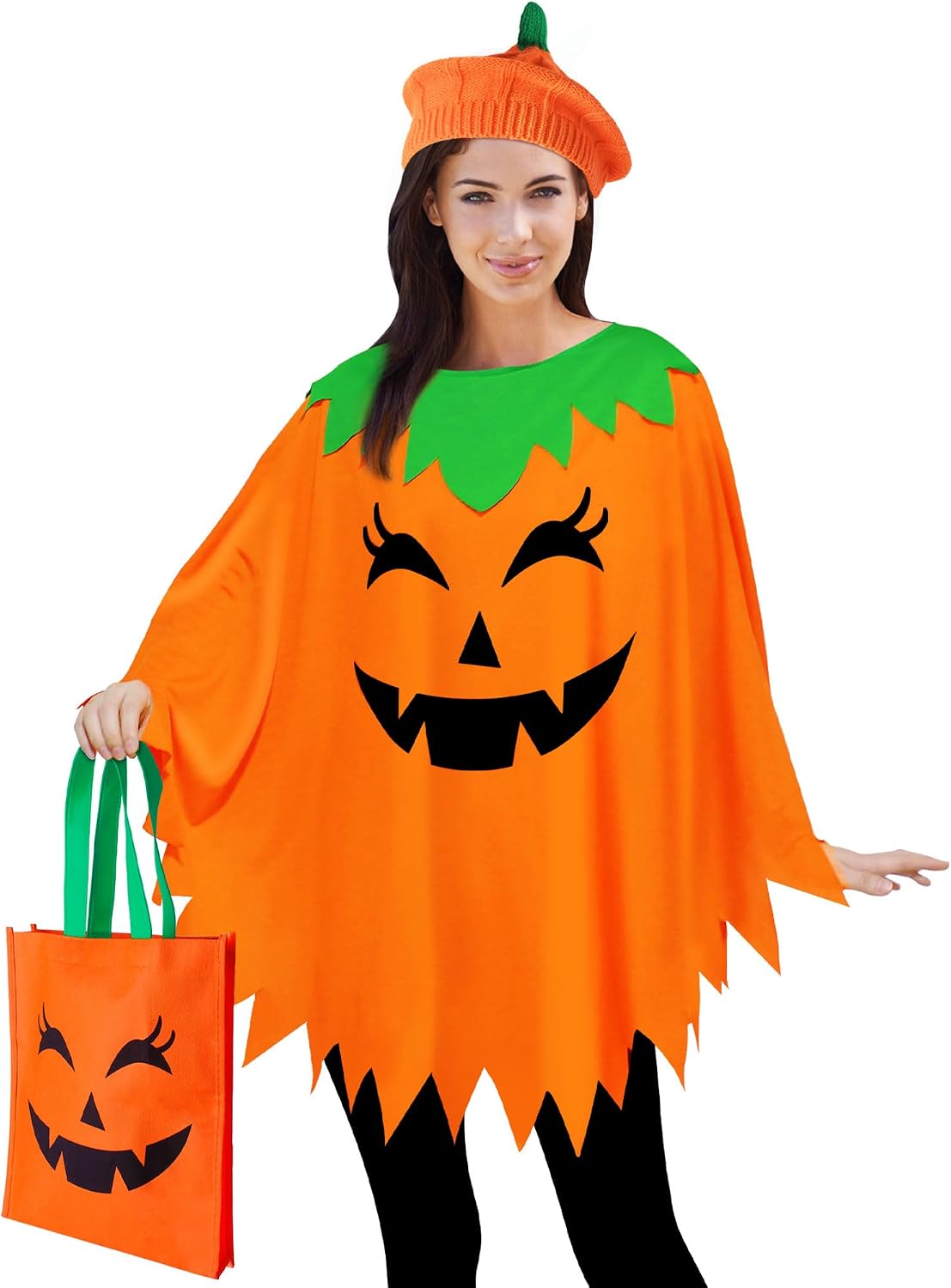 CONGRU Pumpkin Costume for Women Adult,Pumpkin Poncho Halloween Costume Set