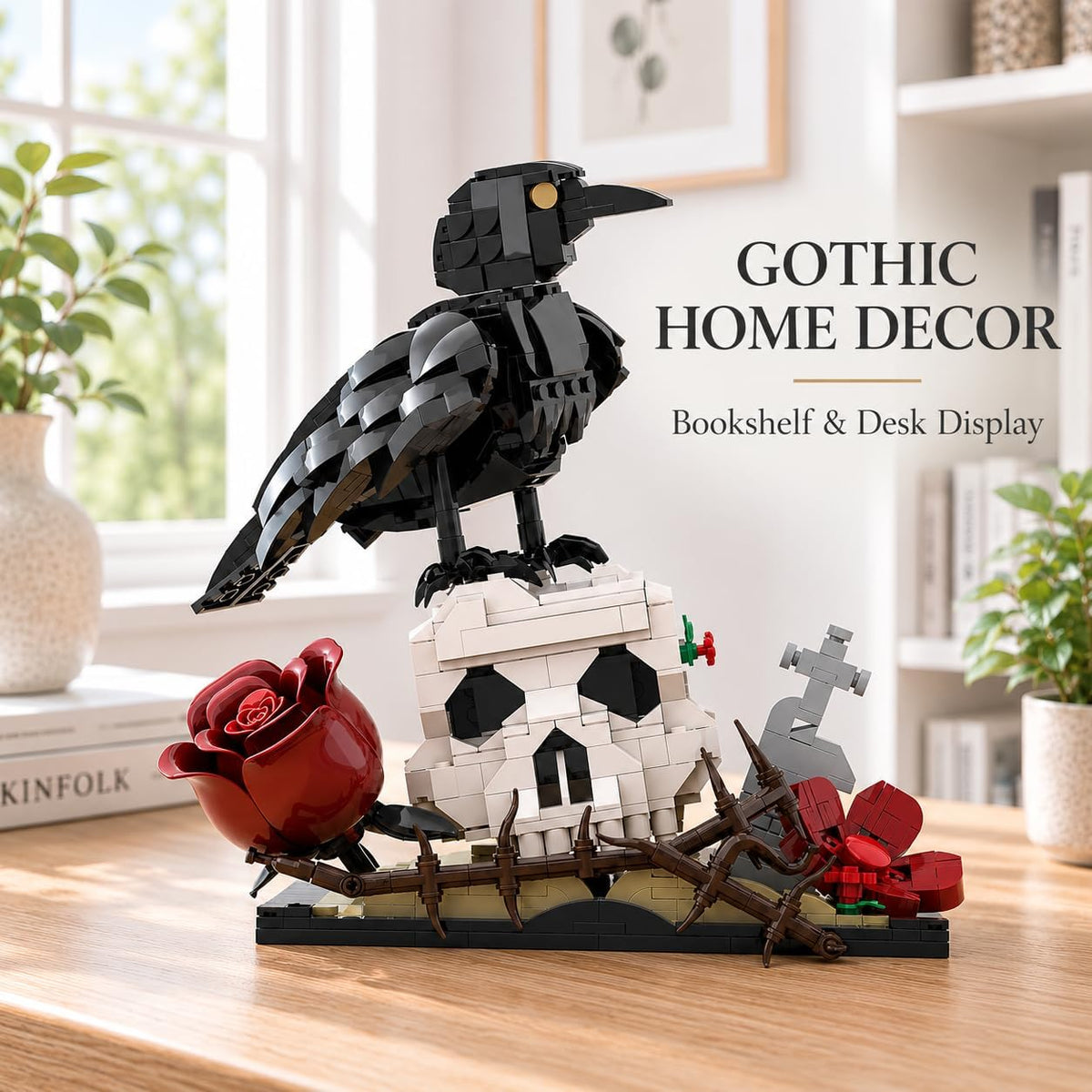 Gothic Raven on Skull Building Block Set 929 Pcs Skeleton Head Red Rose & Cross Tombstone Model Kit for Adults & Teens Dark Aesthetic Room Desk Decor Display Art Gift