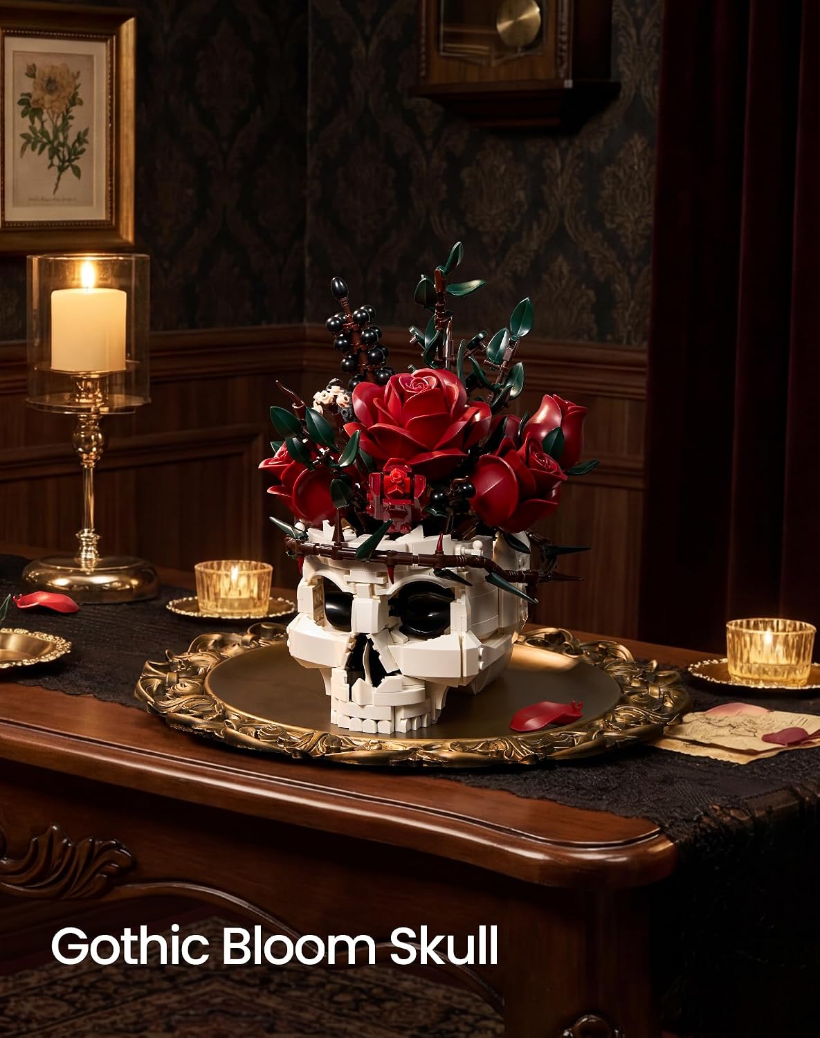 Gothic Skull Rose Flowers Building Blocks Set, Horror Botanical Brick Kit