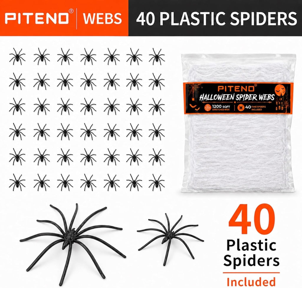 Piteno® 1200 sqft Spider Webs Halloween Decorations with 40 Fake Spiders, Stretchable Halloween Spider Webs for Indoor Outdoor Haunted House Yard Porch Party Decor (White)