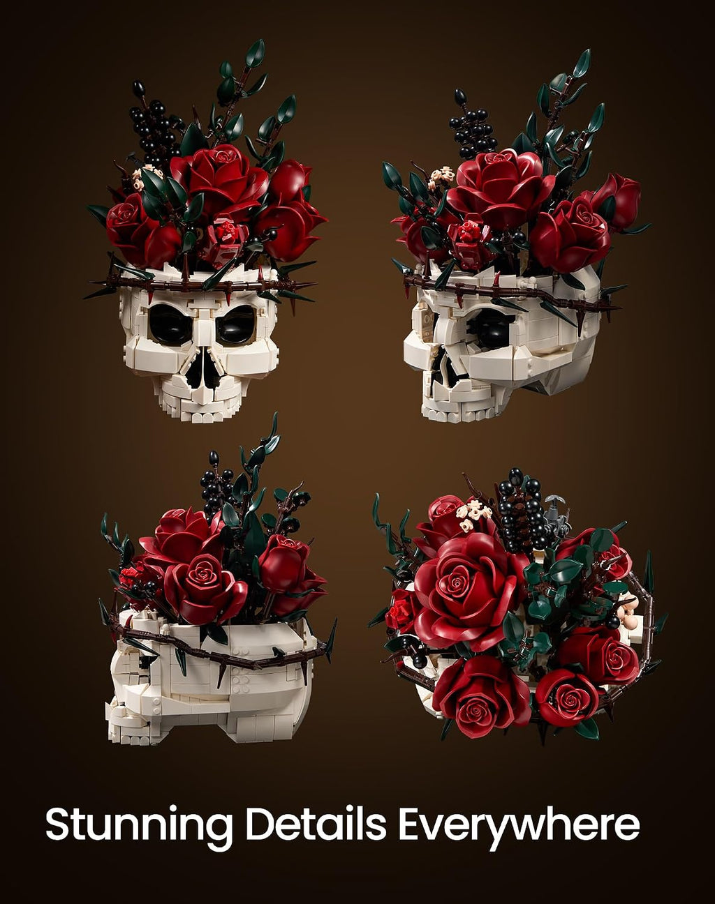 Gothic Skull Rose Flowers Building Blocks Set, Horror Botanical Brick Kit
