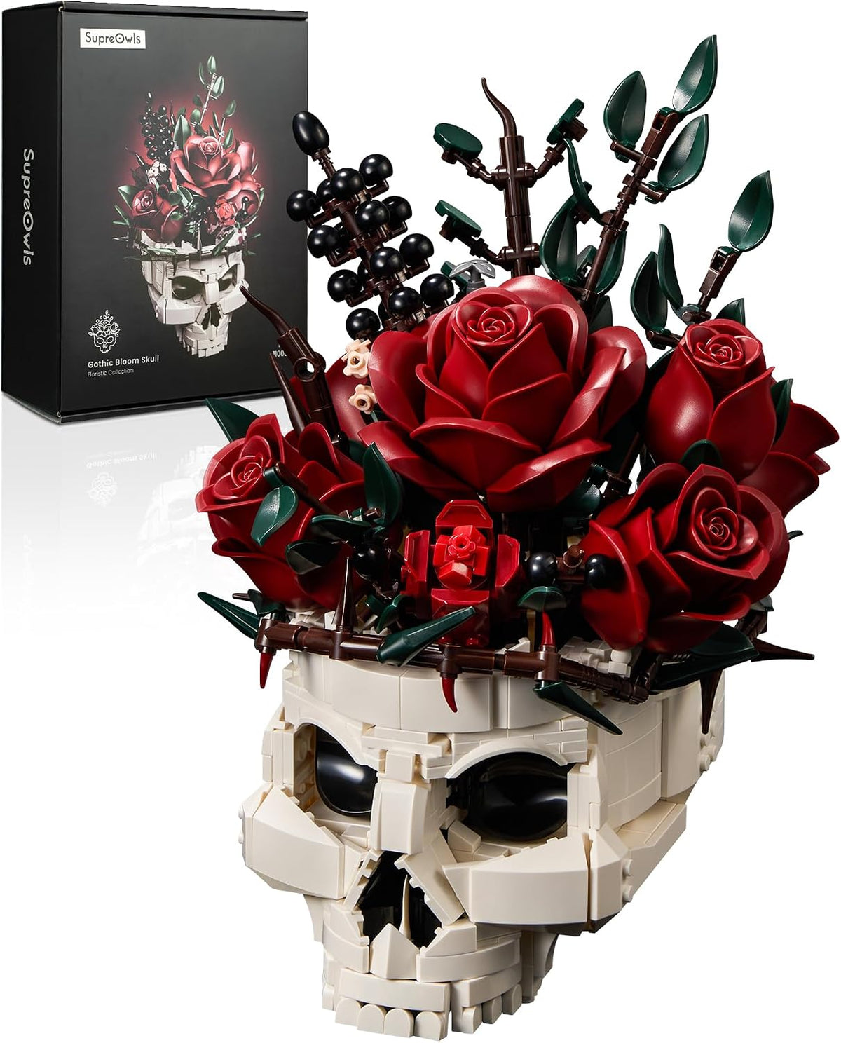 Gothic Skull Rose Flowers Building Blocks Set, Horror Botanical Brick Kit