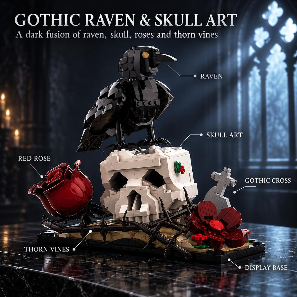 Gothic Raven on Skull Building Block Set 929 Pcs Skeleton Head Red Rose & Cross Tombstone Model Kit for Adults & Teens Dark Aesthetic Room Desk Decor Display Art Gift