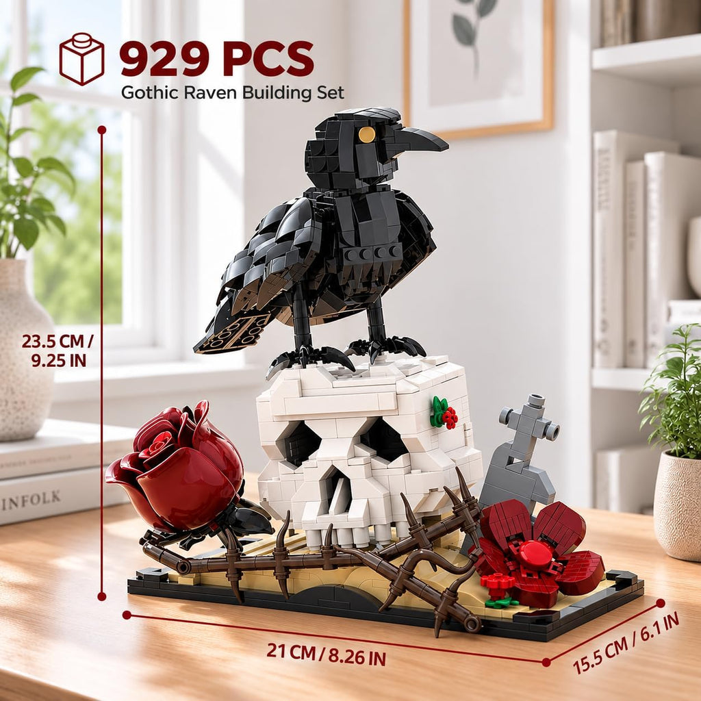 Gothic Raven on Skull Building Block Set 929 Pcs Skeleton Head Red Rose & Cross Tombstone Model Kit for Adults & Teens Dark Aesthetic Room Desk Decor Display Art Gift