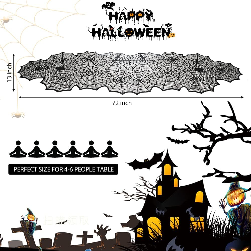 Halloween Table Runner, Black Lace Spider Web Table Runners, 18 x 72Inch