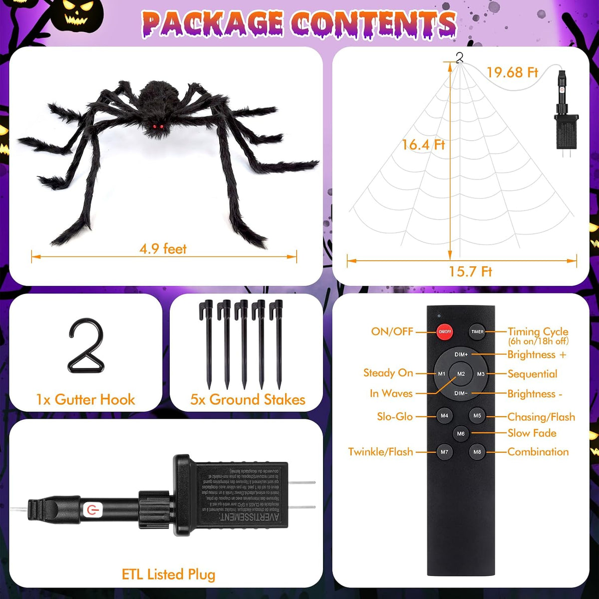 OCATO 200" Halloween Decorations Spider Web Lights Outdoor +59" Fake Spider