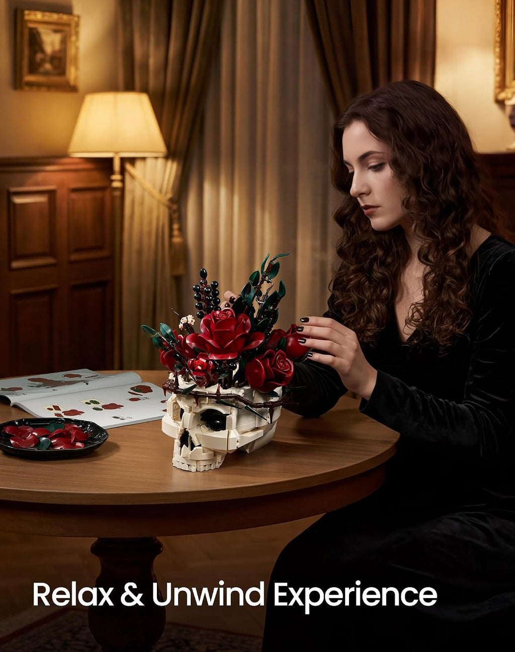 Gothic Skull Rose Flowers Building Blocks Set, Horror Botanical Brick Kit