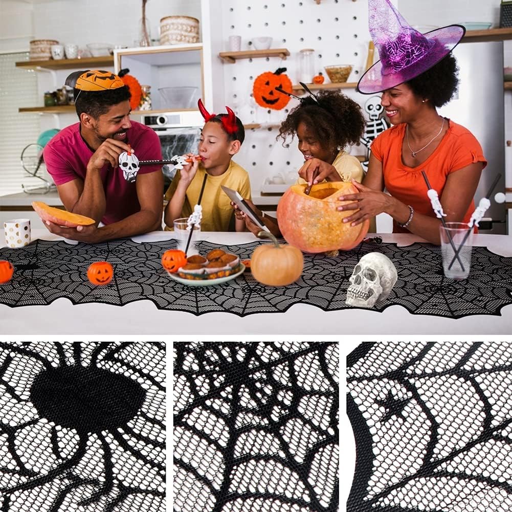 Halloween Table Runner, Black Lace Spider Web Table Runners, 18 x 72Inch