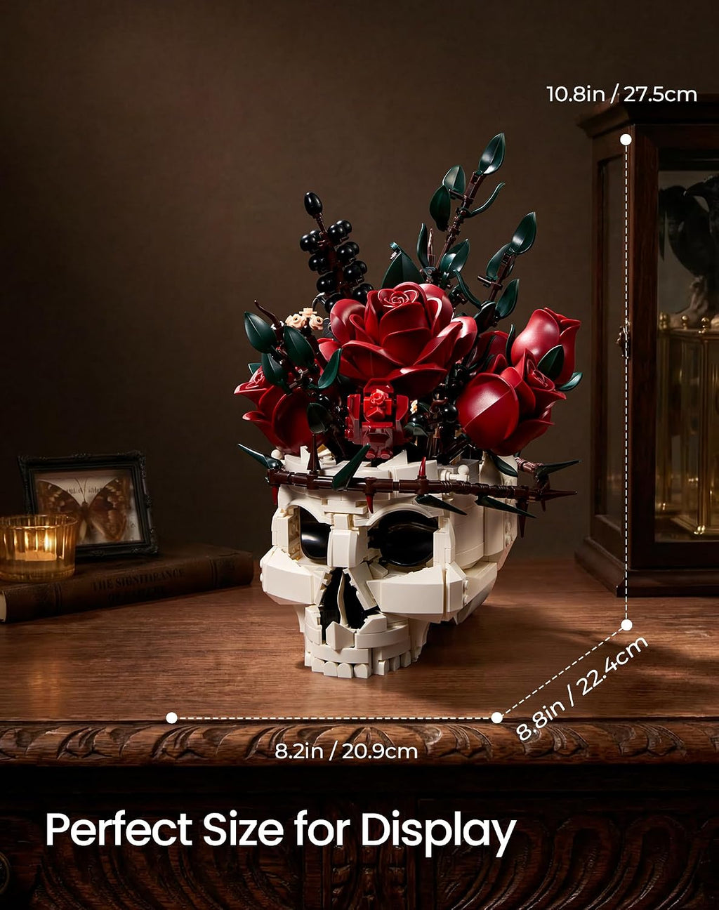 Gothic Skull Rose Flowers Building Blocks Set, Horror Botanical Brick Kit