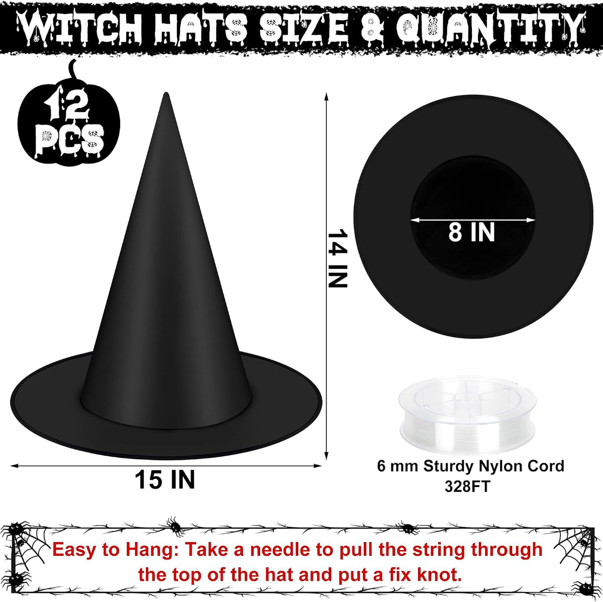 12 PCS Halloween Witch Hats, Black Hanging Witch Hats Porch Yard Decor
