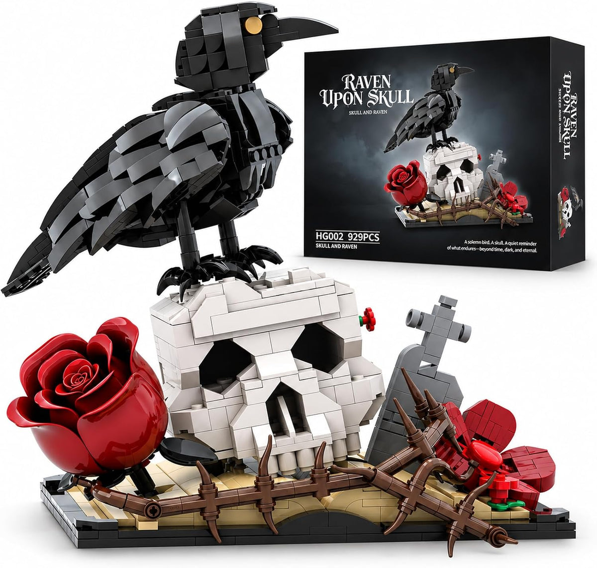 Gothic Raven on Skull Building Block Set 929 Pcs Skeleton Head Red Rose & Cross Tombstone Model Kit for Adults & Teens Dark Aesthetic Room Desk Decor Display Art Gift
