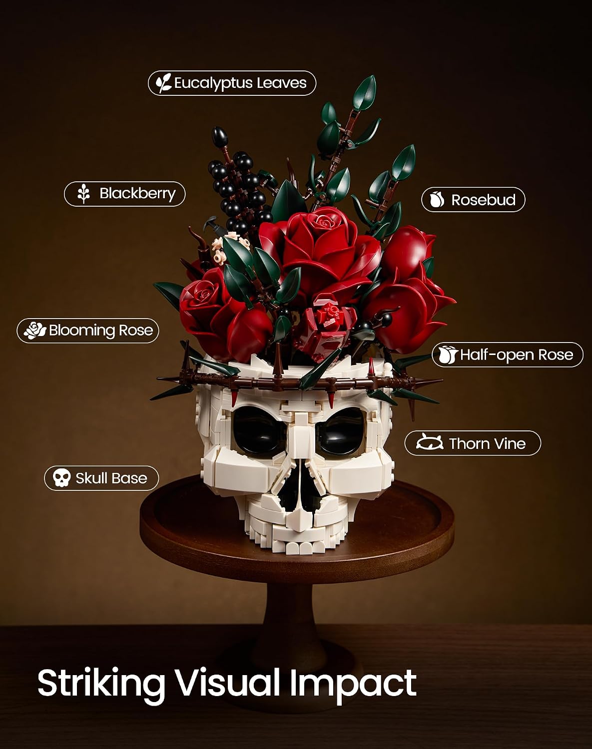 Gothic Skull Rose Flowers Building Blocks Set, Horror Botanical Brick Kit