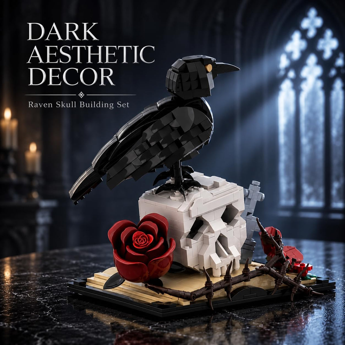 Gothic Raven on Skull Building Block Set 929 Pcs Skeleton Head Red Rose & Cross Tombstone Model Kit for Adults & Teens Dark Aesthetic Room Desk Decor Display Art Gift