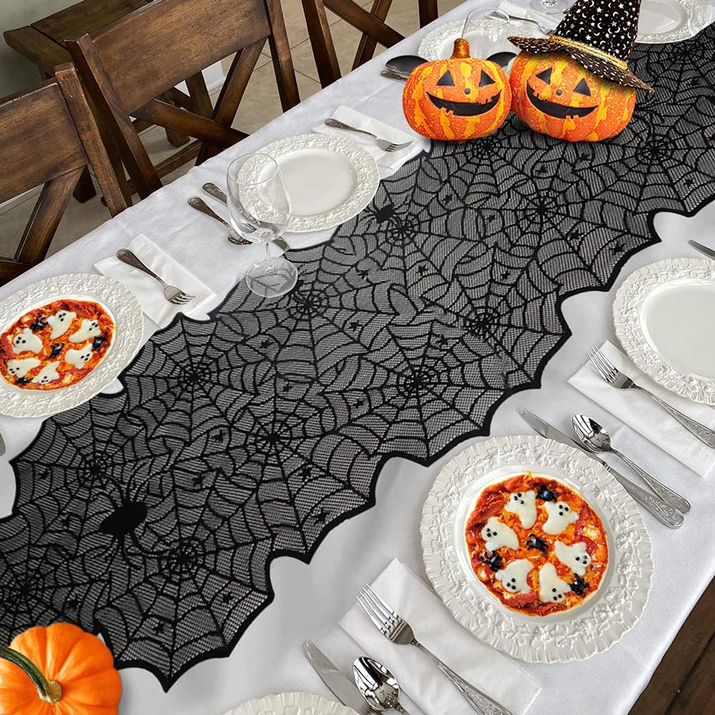 Halloween Table Runner, Black Lace Spider Web Table Runners, 18 x 72Inch