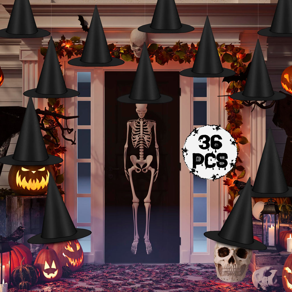 12 PCS Halloween Witch Hats, Black Hanging Witch Hats Porch Yard Decor