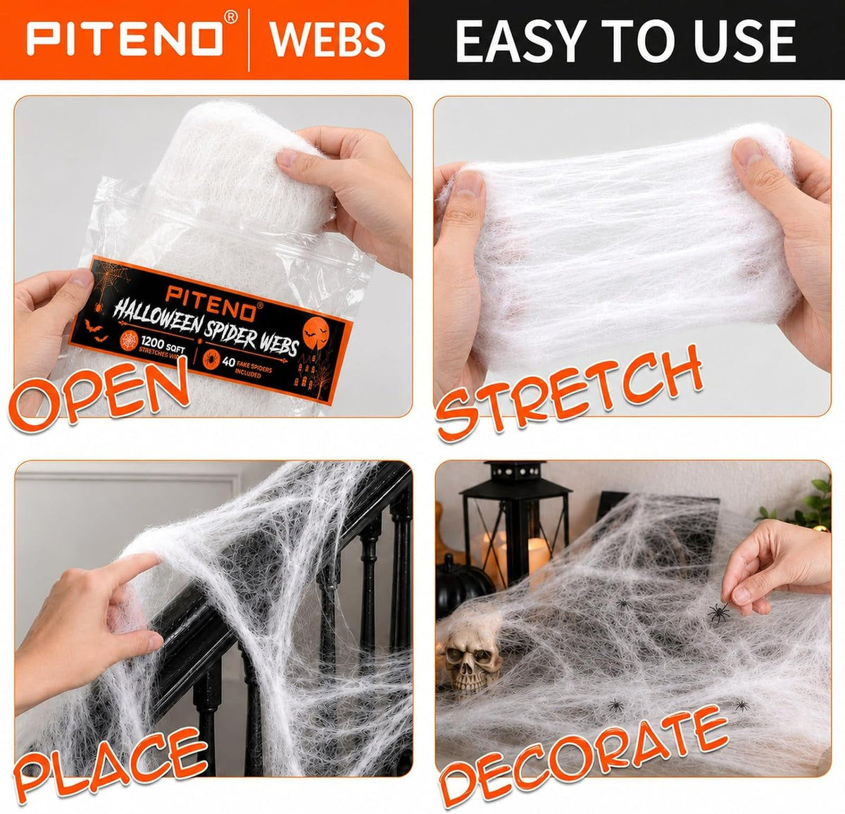 Piteno® 1200 sqft Spider Webs Halloween Decorations with 40 Fake Spiders, Stretchable Halloween Spider Webs for Indoor Outdoor Haunted House Yard Porch Party Decor (White)