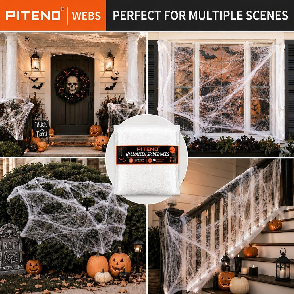 Piteno® 1200 sqft Spider Webs Halloween Decorations with 40 Fake Spiders, Stretchable Halloween Spider Webs for Indoor Outdoor Haunted House Yard Porch Party Decor (White)