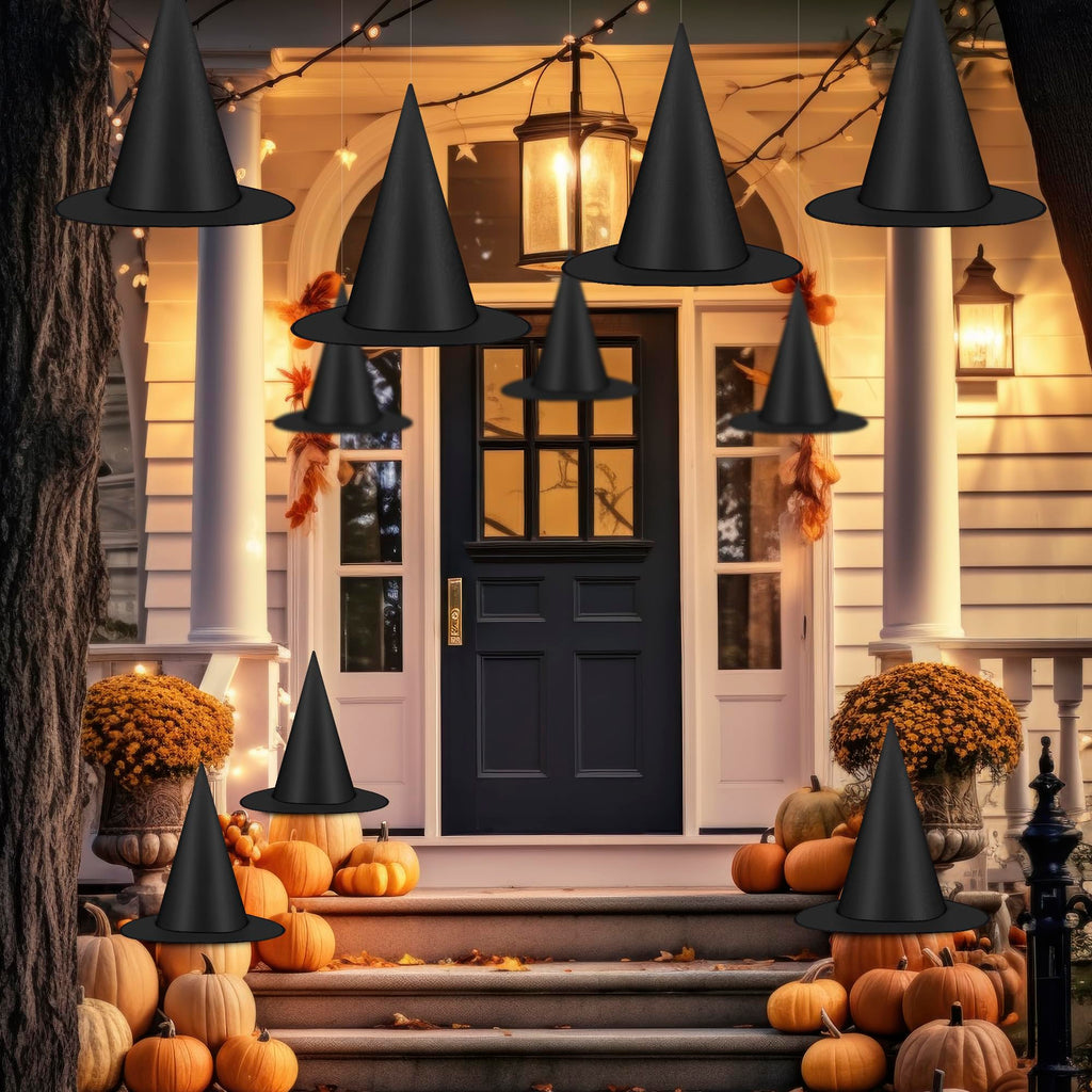 12 PCS Halloween Witch Hats, Black Hanging Witch Hats Porch Yard Decor
