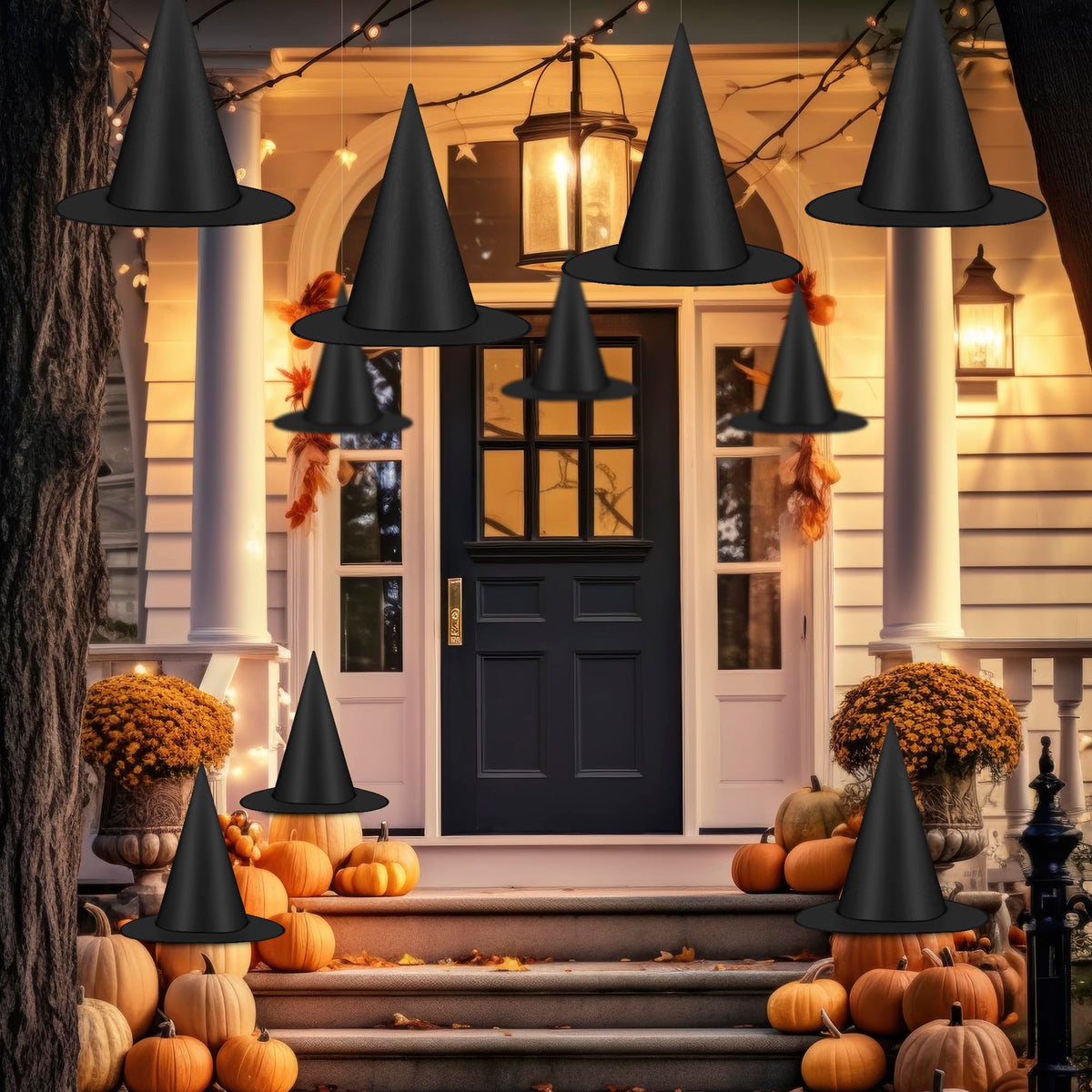 12 PCS Halloween Witch Hats, Black Hanging Witch Hats Porch Yard Decor