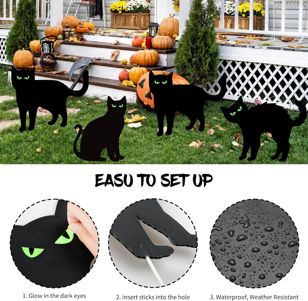 Halloween Decorations Outdoor 6 PCS Black Cat Yard Signs with Stakes Scary Silhouette with Glow in Eyes Waterproof for Yard Lawn Garden Indoor Home Halloween Decor
