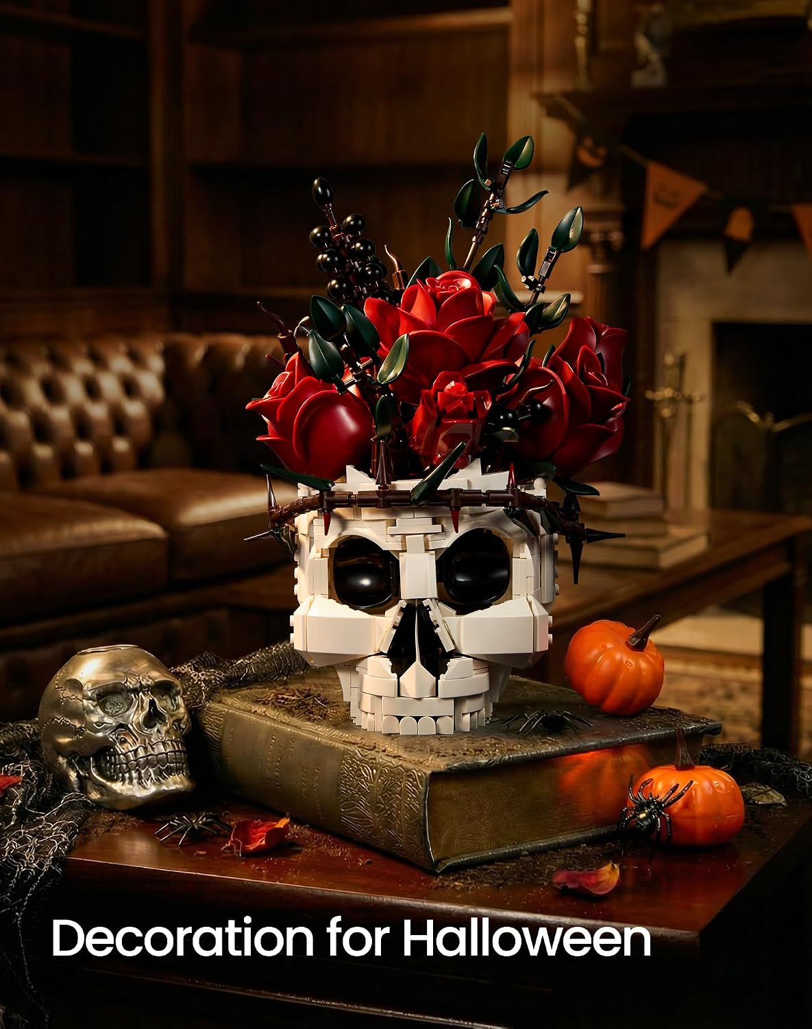 Gothic Skull Rose Flowers Building Blocks Set, Horror Botanical Brick Kit