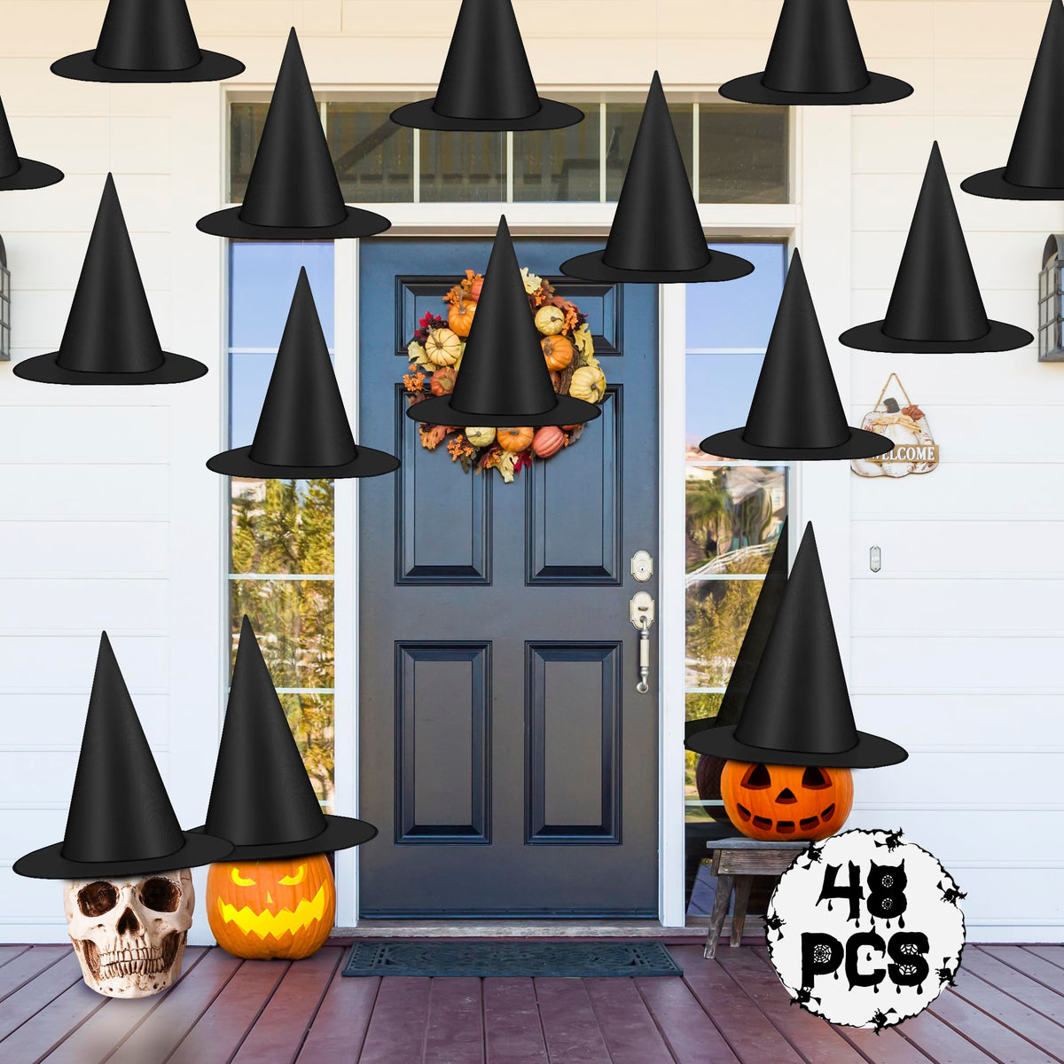 12 PCS Halloween Witch Hats, Black Hanging Witch Hats Porch Yard Decor