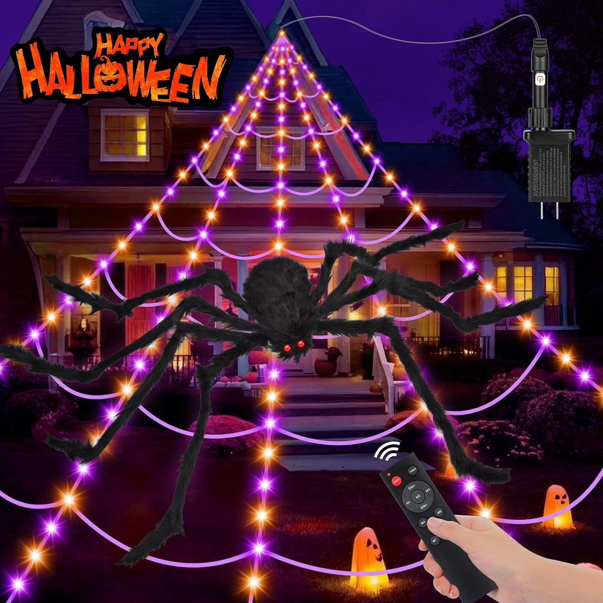 OCATO 200" Halloween Decorations Spider Web Lights Outdoor +59" Fake Spider