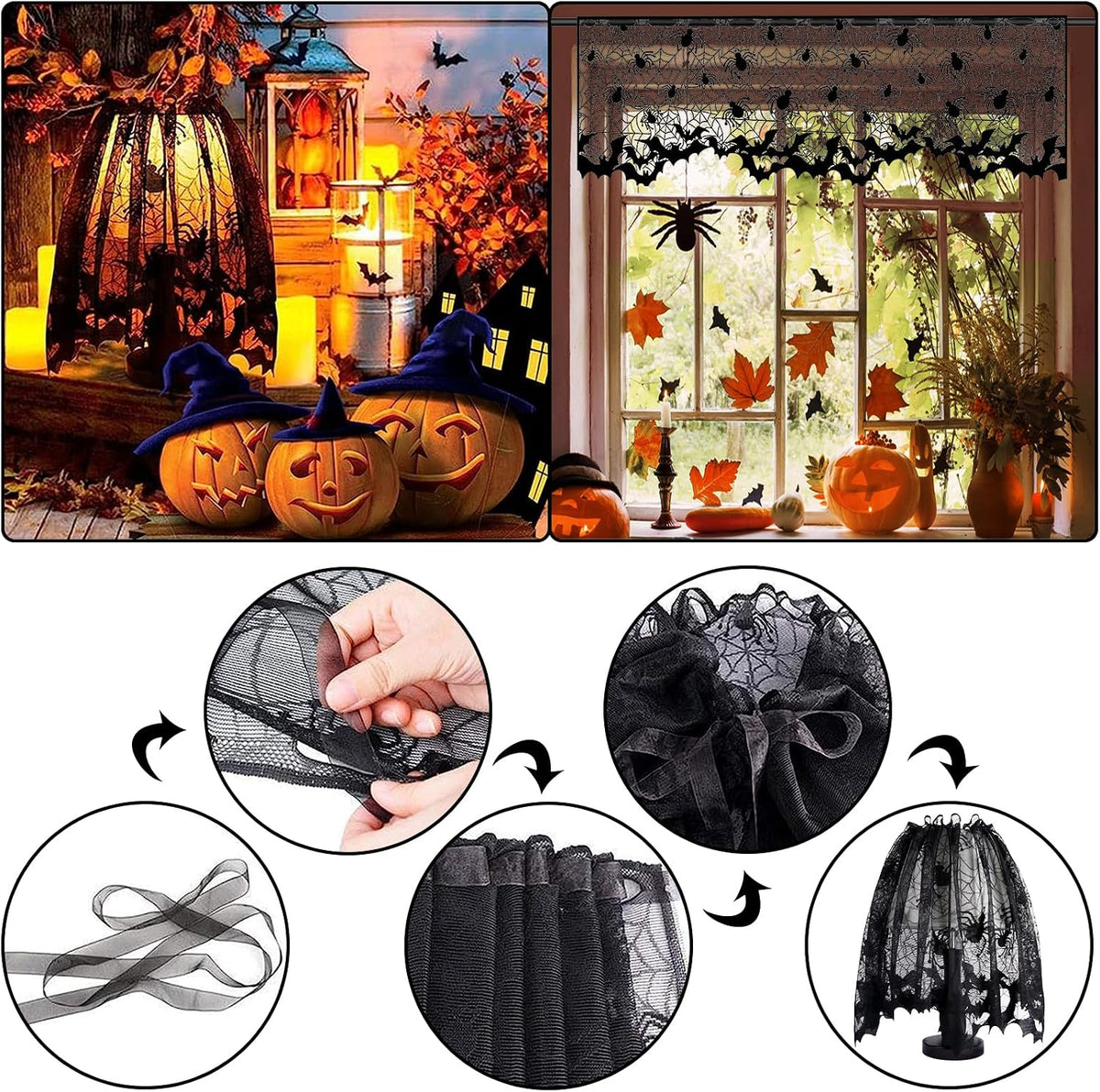 5Pack Halloween Spiderweb Tablecloth Runner Fireplace Scarf Lampshade Bats