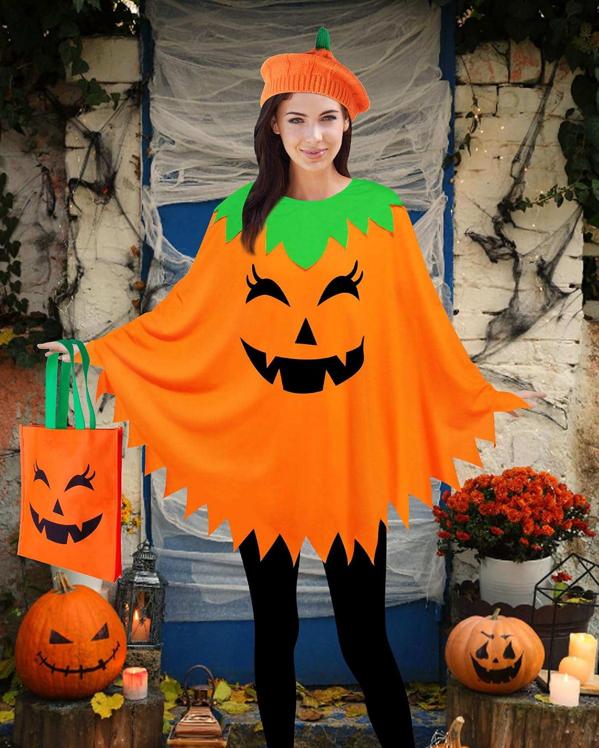 CONGRU Pumpkin Costume for Women Adult,Pumpkin Poncho Halloween Costume Set