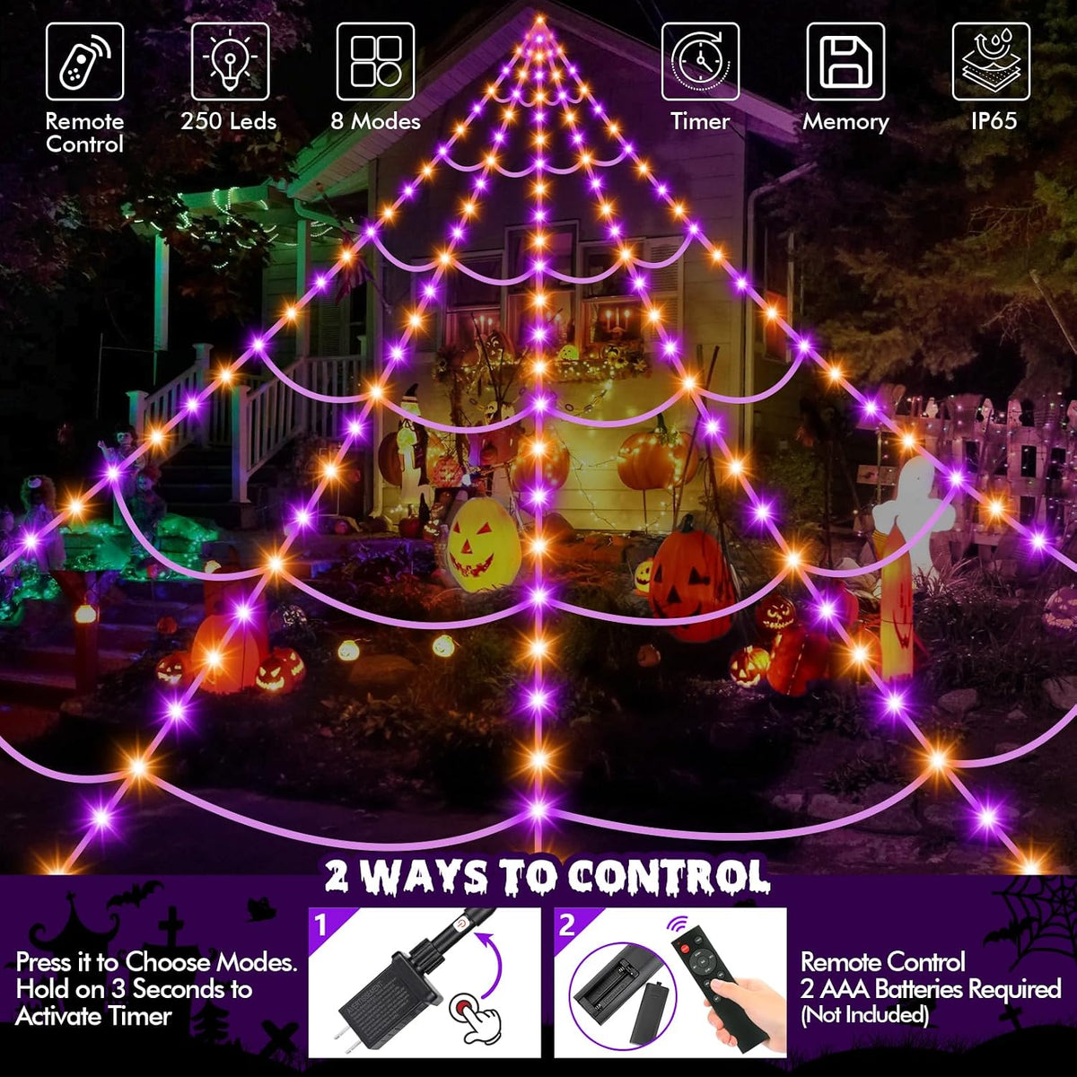 OCATO 200" Halloween Decorations Spider Web Lights Outdoor +59" Fake Spider