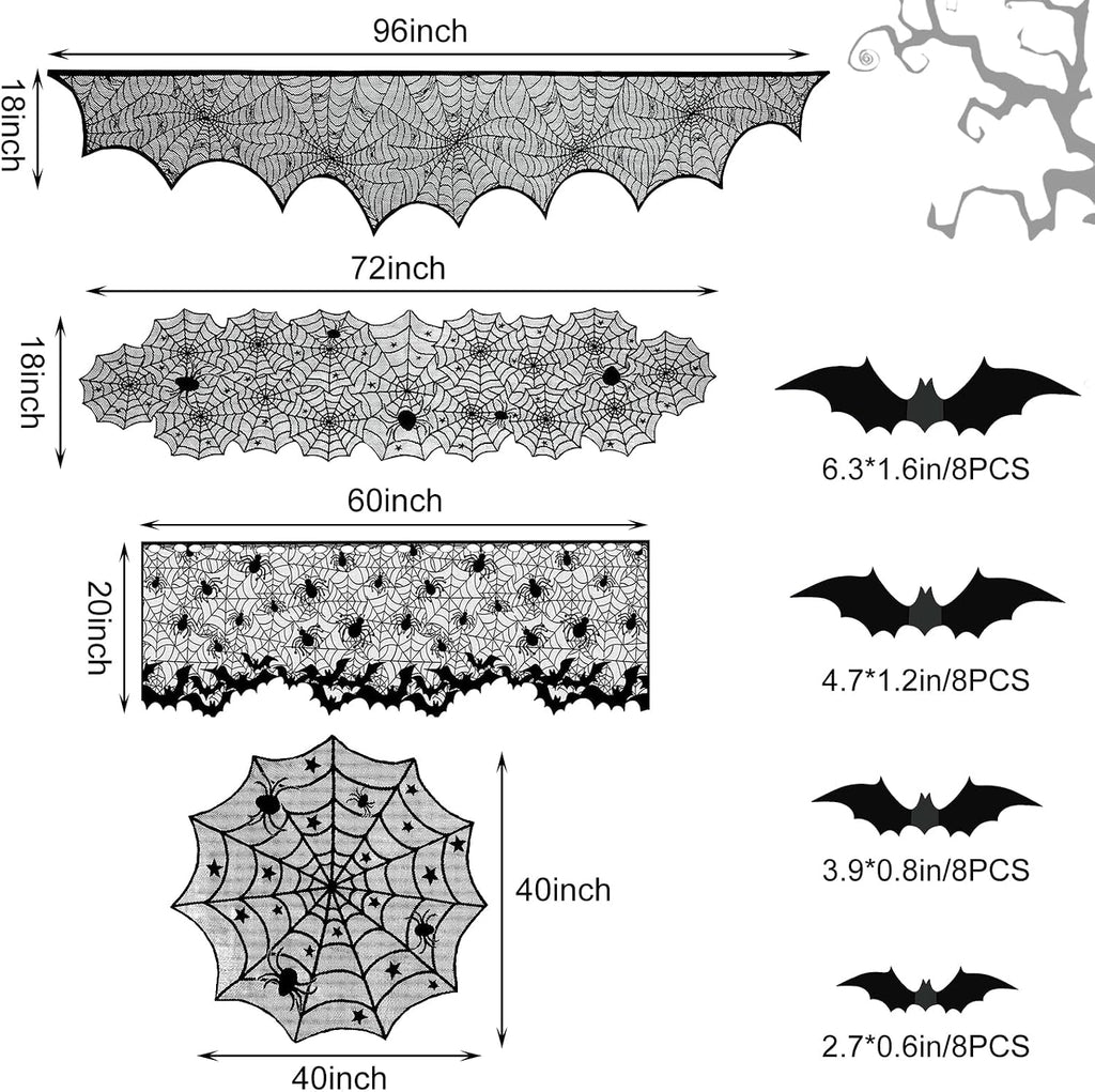 5Pack Halloween Spiderweb Tablecloth Runner Fireplace Scarf Lampshade Bats