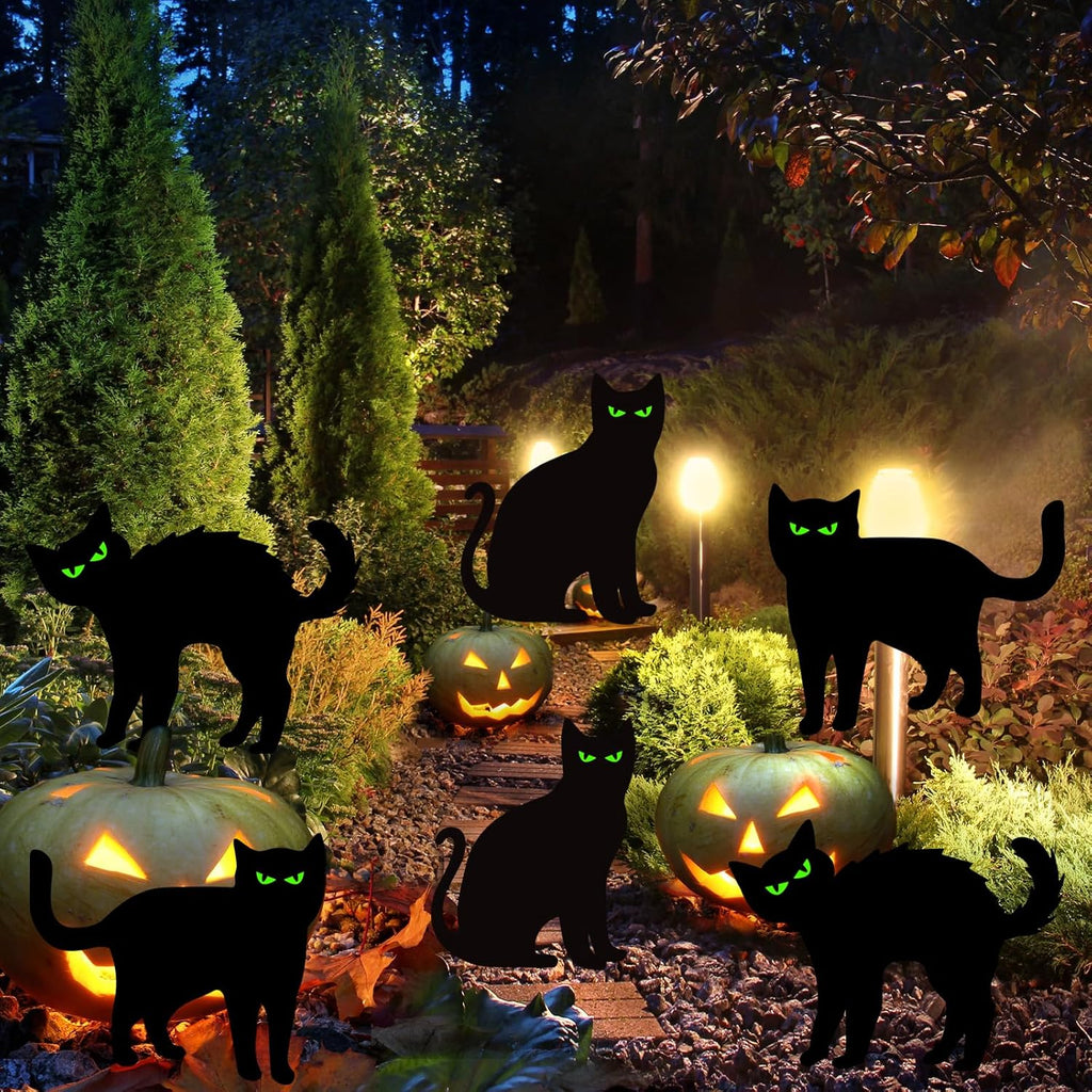 Halloween Decorations Outdoor 6 PCS Black Cat Yard Signs with Stakes Scary Silhouette with Glow in Eyes Waterproof for Yard Lawn Garden Indoor Home Halloween Decor