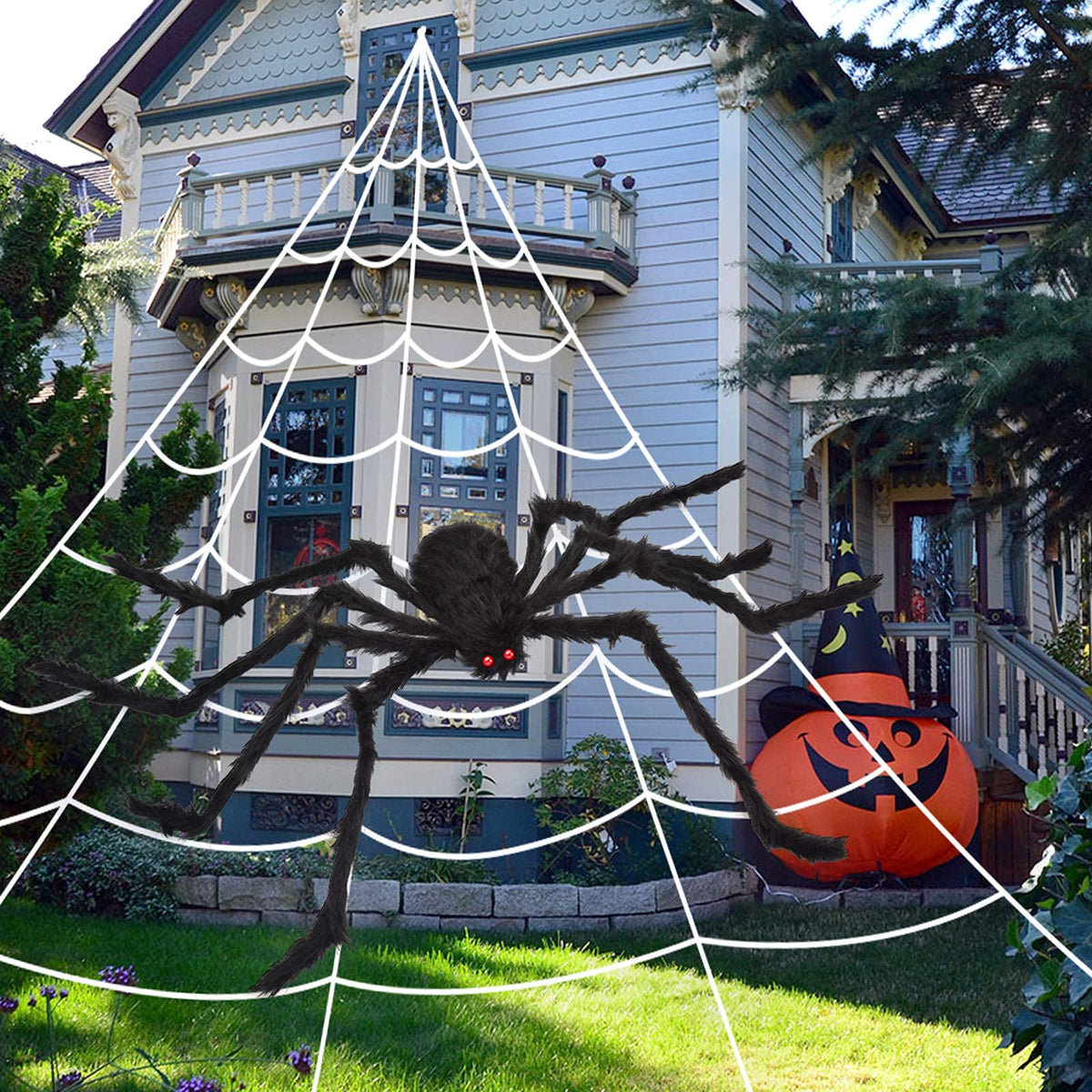 OCATO 200" Halloween Decorations Spider Web Lights Outdoor +59" Fake Spider