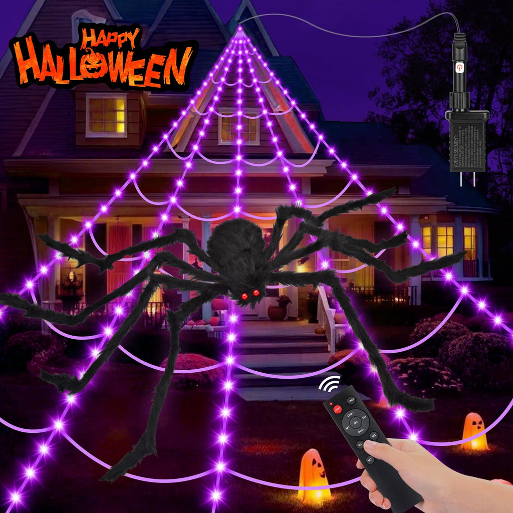OCATO 200" Halloween Decorations Spider Web Lights Outdoor +59" Fake Spider