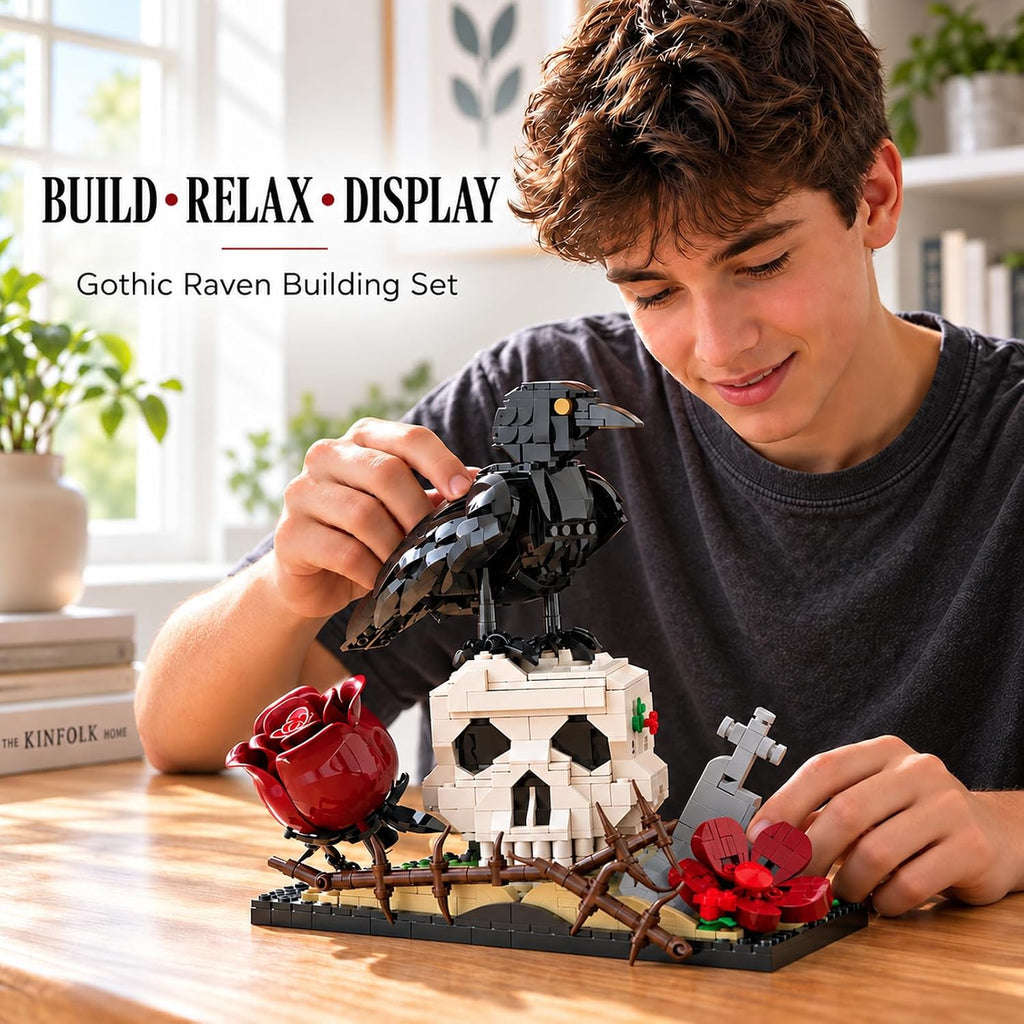 Gothic Raven on Skull Building Block Set 929 Pcs Skeleton Head Red Rose & Cross Tombstone Model Kit for Adults & Teens Dark Aesthetic Room Desk Decor Display Art Gift