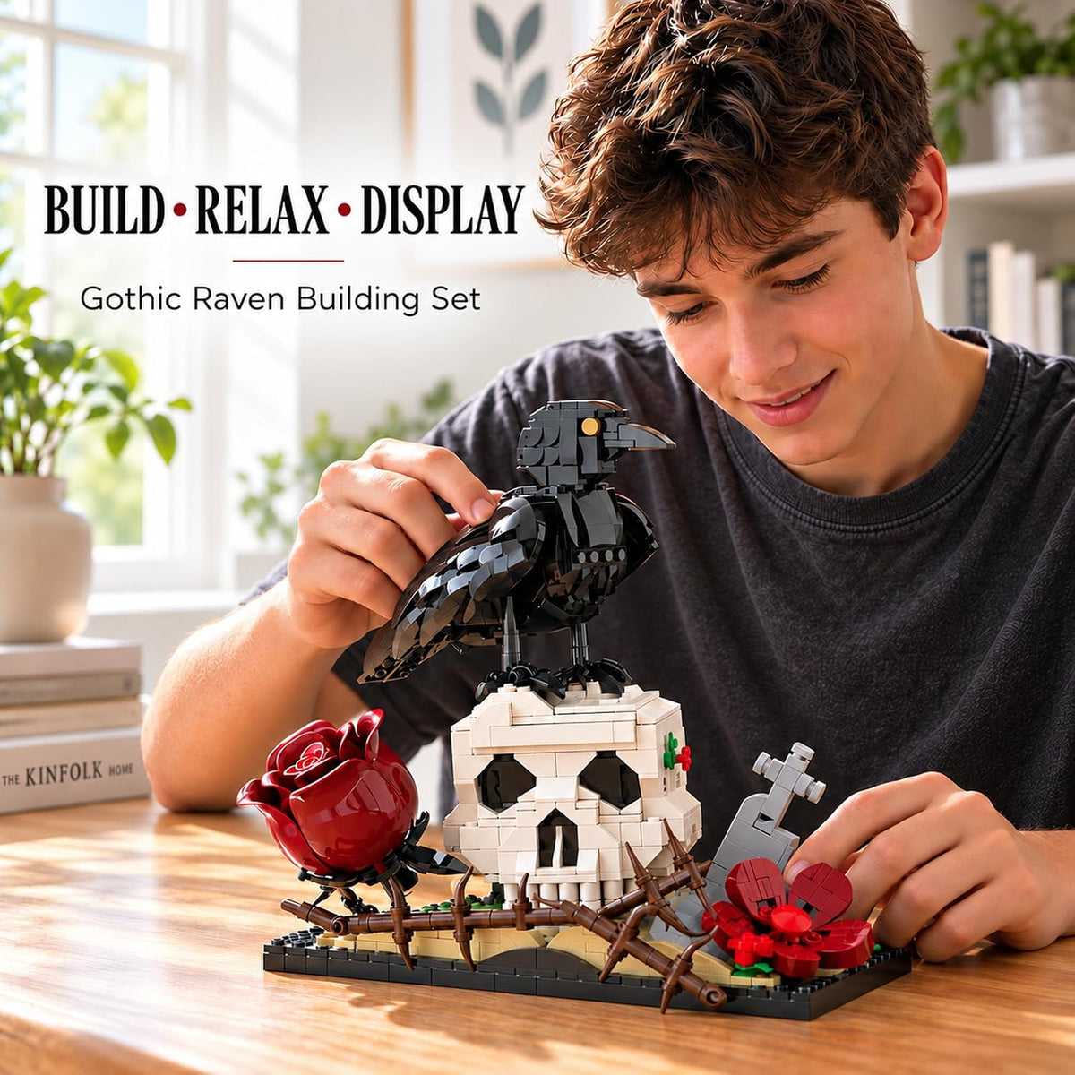Gothic Raven on Skull Building Block Set 929 Pcs Skeleton Head Red Rose & Cross Tombstone Model Kit for Adults & Teens Dark Aesthetic Room Desk Decor Display Art Gift