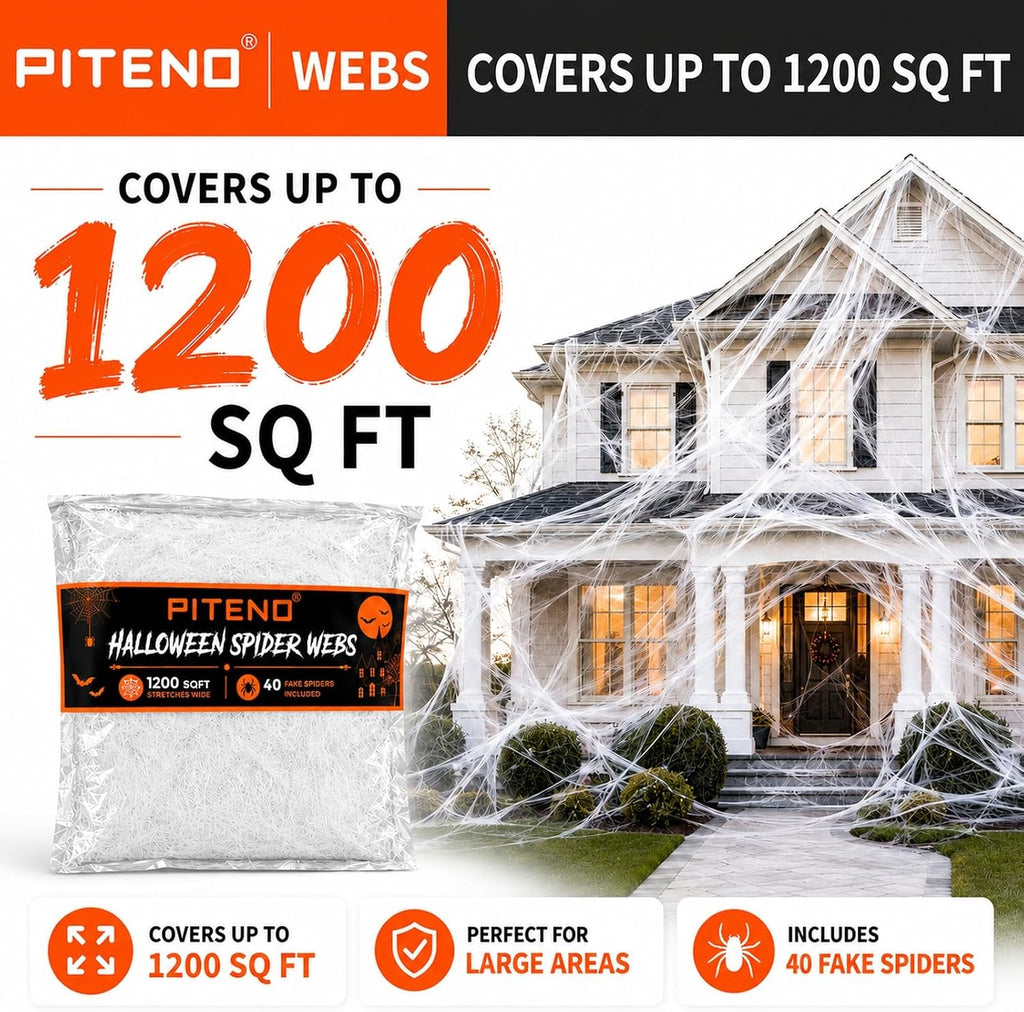 Piteno® 1200 sqft Spider Webs Halloween Decorations with 40 Fake Spiders, Stretchable Halloween Spider Webs for Indoor Outdoor Haunted House Yard Porch Party Decor (White)