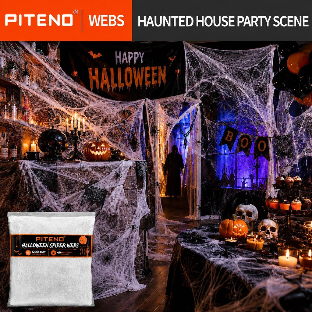 Piteno® 1200 sqft Spider Webs Halloween Decorations with 40 Fake Spiders, Stretchable Halloween Spider Webs for Indoor Outdoor Haunted House Yard Porch Party Decor (White)