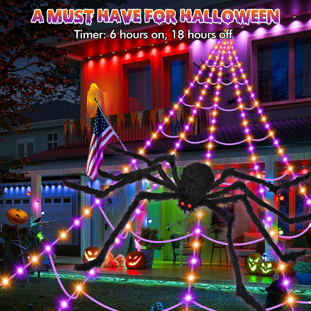 OCATO 200" Halloween Decorations Spider Web Lights Outdoor +59" Fake Spider