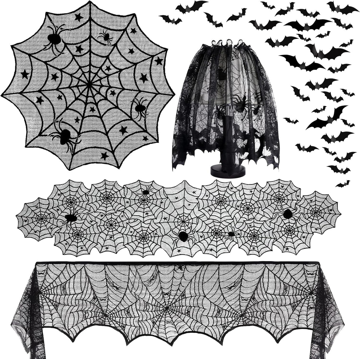 5Pack Halloween Spiderweb Tablecloth Runner Fireplace Scarf Lampshade Bats
